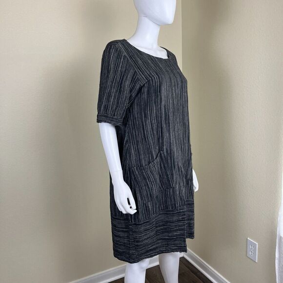 Lisa Bayne Women's Size S Black Stripe Woven Linen Shift Dress Lagenlook Artisan - Picture 7 of 12